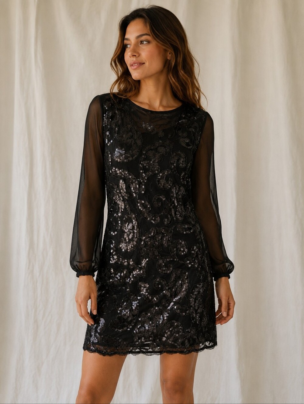 Marc New York Black Mesh Cutout Sleeve Sequin Lace Design Dress Size 6
